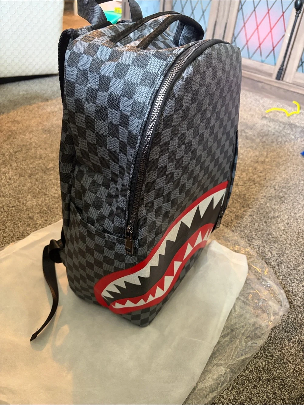 NEW Never Used Checkered Black & Gray Shark Graphic Backpack - Red Accent